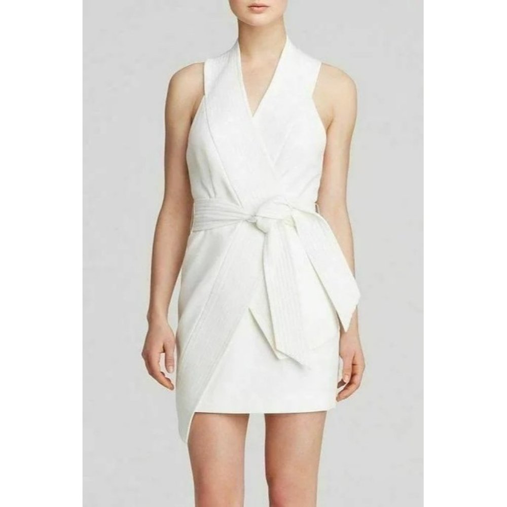 cameo White Sleeveless Wrap Mini Dress with Waist Tie